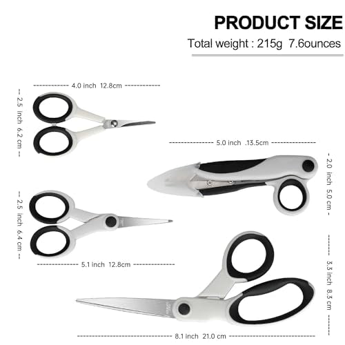 SCAIKTIG Premium Sewing Scissors Bundle, 8" Heavy Duty Fabric, 5" Embroidery, 4" Small Detail Scissors, 5" Thread Snips, Tailoring, Dressmaking, Quilting, Arts&Craft Supplies, White - color: White(8"/5"/5"/4")