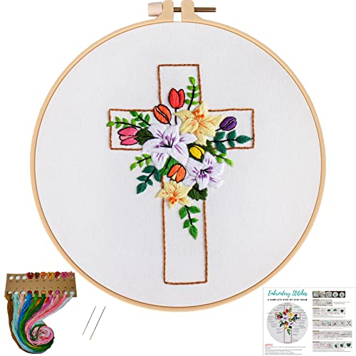 Louise Maelys Cross Lily Embroidery Kit for Beginners, Easter Jesus Pattern - color: kit-1