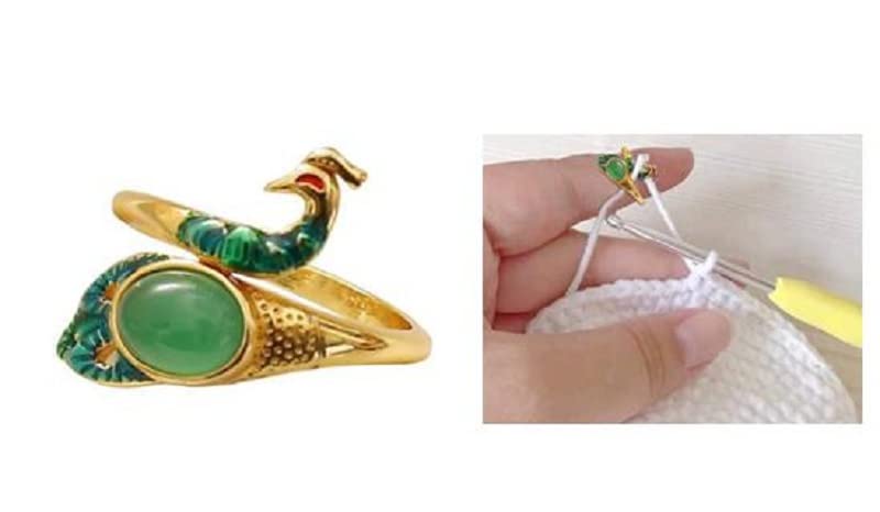 Knitting Loop Crochet Guide Ring Adjustable, Open Finger Rings DIY Leading Tool for Yarn Quilting, Fashionable Peacock Shaped Thimble with Emerald for Mother Grandma (2 Pack, Golden & Silver), bz01