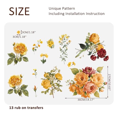 Floral Vintage Rub on Transfer for Furniture Large Flower UV DTF Transfer Sticker for Wood Glass Home Decor, Autumn Orange Peony - style: Autumn Orange Peony