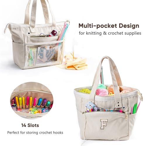 Initial Personalized Crochet Tote - Corduroy Yarn Storage - Holder for Crochet Hooks, Accessories, Project Bag - size: F