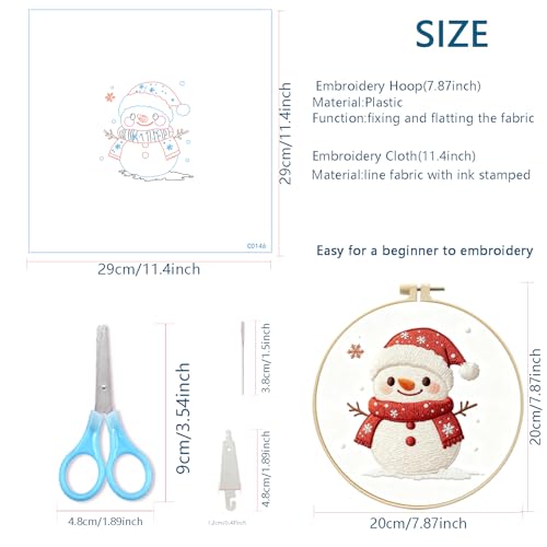 Zhenqing Snowman Embroidery Kit for Beginners, Christmas Winter Needlework Kit with Pre-Printed Cotton Fabric, 20cm Hoop, Threads & Tools (C0146) - style: Christmas Snowman