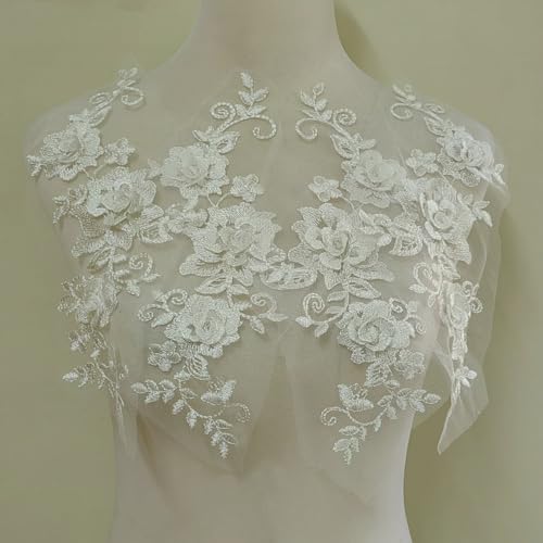2 Pair 29 * 13cm Red/Pink/Purple/Sky Blue Wedding Dress Lace Shirt Accessories Embroidery Lace Garment Design DIY Accessories (White) - color: white