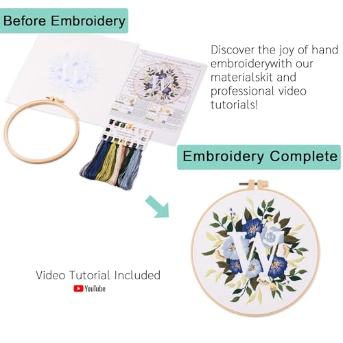Harimau Letter Pattern W Embroidery Kit for Adult Beginners, Complete Starter Pack with 1 Hoop, Needles, Instruction Guide & Embroidery Stitch Video Tutorials - color: W