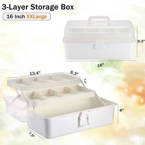 Tackle Box, 16-Inch Extra Large Art Storage Box with 3-Layer Folding Trays - color: White