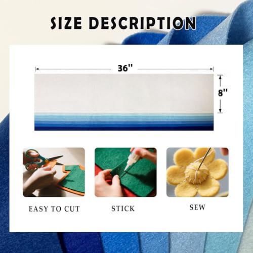 Blue White 8 Assorted Soft Felt Sheets Fabric, Each 8'' x 36'' 1.6mm Thick - color: Blue Series