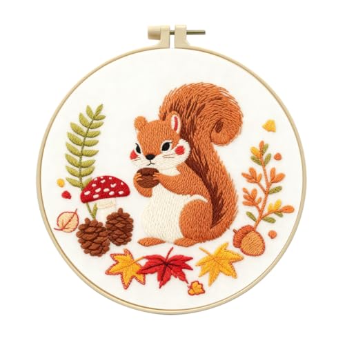 Zhenqing Squirrel with Pinecone Embroidery Kit for Beginners, Pre-Printed 29x29cm Cotton Fabric & 20cm Hoop, Cute Autumn Animal Design with Mushrooms & Maple Leaves(C0050)