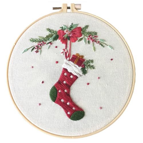 IUHUI Embroidery Kit for Beginners Adults - Merry Christmas Easy Patterns, DIY Hand Stitching Embroidery Set with Hoop (Christmas Stocking) - color: Christmas Stocking