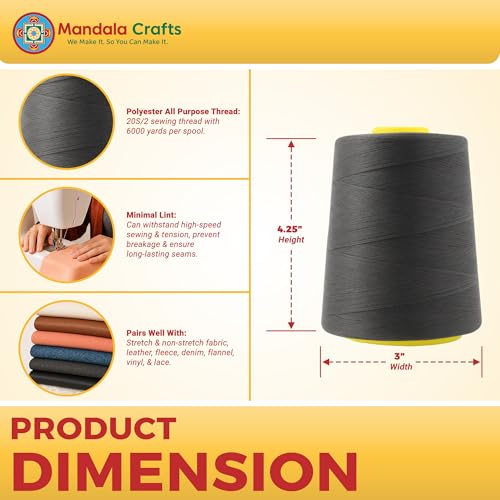 Mandala Crafts 20S/2 Charcoal Gray Polyester 4 Pack of Serger Threads Cones - color: Charcoal Gray, size: Pack of 4 20S/2 24000 YDs