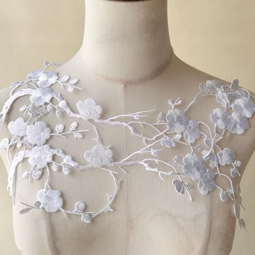 2pcs Iron on Plum Flower Applique White Color Embroidery Vine of Floral for Clothing,Costumes - color: White