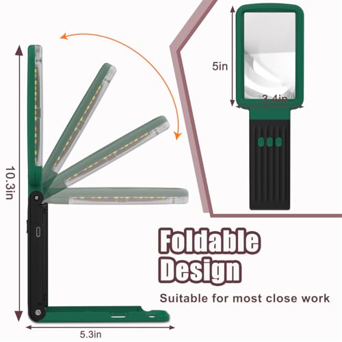 15X Magnifying Glass with Light and Stand, Real Glass Lens, Rechargeable Foldable Handheld Magnifier, 3 Color Modes Dimmable Lighted Page Magnifier for Reading Fine Prints, Seniors, Green-Black - color: Green Black