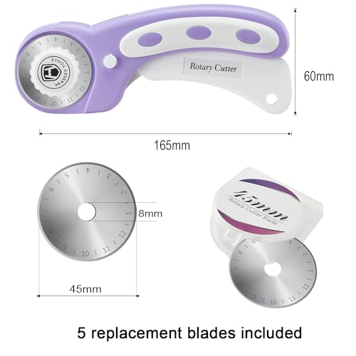 Headley Tools 45mm Rotary Cutter for Fabric, Ergonomic Handle Rolling Cutter with Safety Lock for Fabric Leather Crafting Sewing Quilting, Fabric Cutter Wheel Perfect for Left & Right Hand (Purple) - color: Purple, size: 45mm