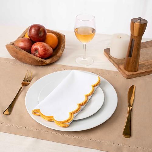 Blue Needles Cotton Scalloped Embroidery Cloth Napkins 17X17Inch - Set of 4 - color: White(edges - Golden Yellow)