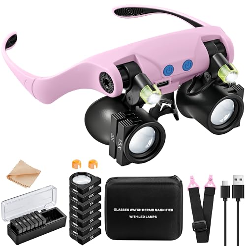 JARLINK Magnifying Glasses with LED Light, 14 Lenses, Hands Free, Pink - color: Pink