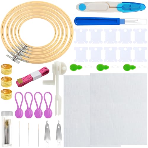 Yauhar 61Pcs Embroidery Kit for Beginners with Needle, Cross Stitch Hoops, 14 Count Aida Cloth, Floss Bobbins, Thread Winder, Thimble, Seam Ripper, Fabric Clips for Craft Embroidery Needlework
