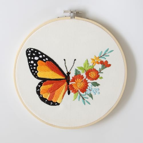 Bonroy 4 Sets Embroidery Kit for Beginners,Embroidery Art Craft Handy Sewing Include Clothes with Pattern,Embroidery Hoops, Instructions,Color Threads Needle (Butterfly) (CX-55) - color: Butterfly