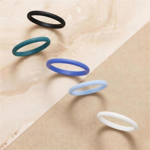 Egnaro Women's Silicone Wedding Ring 2.5mm Wide 1.8mm Thick Rubber Band Set - color: 5-White, Emerald Green, light purple-blue, sky blue, Black