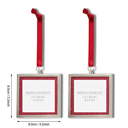 2-Pack 3x3 Silver Red Glitter Bling Picture Frame Ornaments - color: Silver With 2 Red Glitters Mat