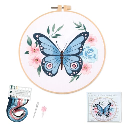 Silentsea Blue Butterfly Embroidery Kit for Beginners – Complete DIY Stitching Craft Set with Pre-Printed Fabric, Hoop, Threads & Video Tutorial – Ideal for Home Decor & Handmade Gifts - color: Blue Butterfly