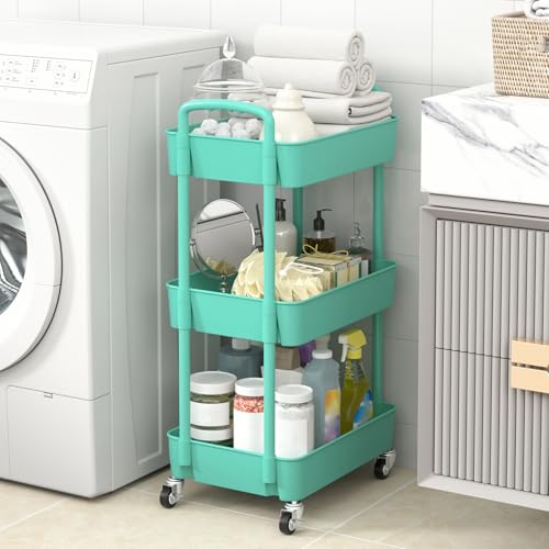 Sywhitta 3-Tier Plastic Rolling Utility Cart with Wheels for Storage, Green - color: Green, size: 3-tier