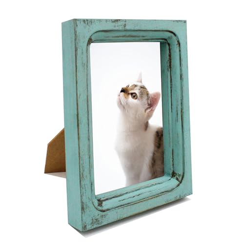 CVHOMEDECO. 4x6 Picture Frame Made of Solid Wood High Definition Glass Rustic Vintage Designs Small Photo Frame for Tabletop Display and Wall Mounting, Distress Blue - color: Distress Blue A, size: 4" X 6"