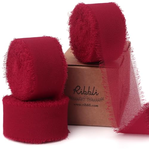 Ribbli Dark Red Ribbon 1 Inch x 3 Rolls Total 24 Yards Handmade Fringe Chiffon Silk Ribbon for Wrapping Wedding Invitations Bridal Bouquets DIY Crafts Home Decor - color: Dark Red