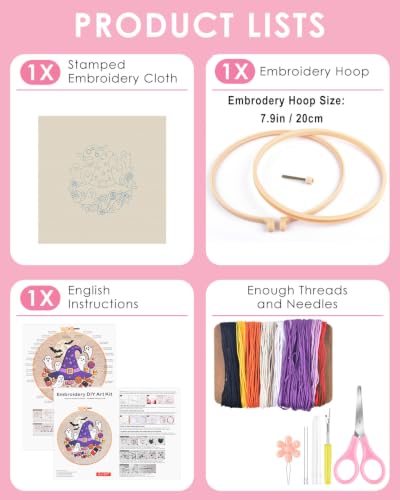 TINDTOP Halloween Embroidery Kit for Adult, Embroidery DIY Starter Kit, with Stamped Patterns, Hoop, Tools, Colorful Threads with Needles, Instructions (Halloween C) - color: Halloween C