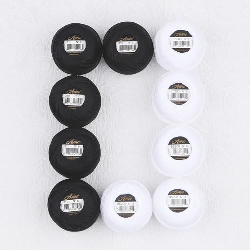 Size 8 Double Mercerized Egyptian Long Staple Cotton Pearl Thread Ball 10 Grams 87 Yards Embroidery Thread 10 per Box for Crochet Hardanger Cross Stitch Hand Embroidery (Set Black and White) - color: Set black and white