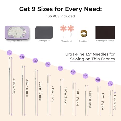 HTVRONT Big Eye Sewing Needles, 106 PCS Embroidery Needles in 9 Sizes - color: Silver 106PCS
