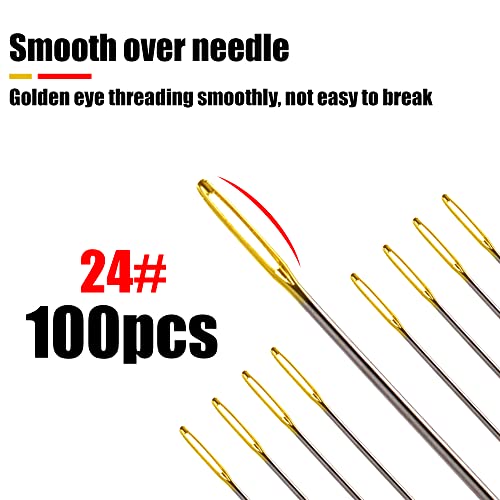 100pcs Cross Stitch Needles +2 Needle Threader Golden Color Large Eyes Cross Stitch DIY Embroidery Hand Needles Sewing Needles in Transparent Box (24#) - style: 24#