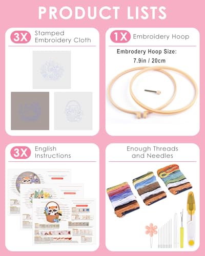 TINDTOP 3 Pack Embroidery Kit for Adult Beginners, Embroidery DIY Starter Kit, with Raccoon Stamped Patterns, Hoop, Tools, Colorful Threads with Needles, Instructions - color: Raccoon