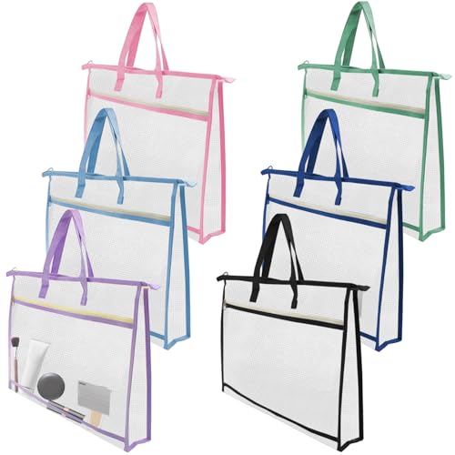 TUSAUW 6 Pcs A3 Project Bags for Quilting Craft Project Bag Clear Mesh Sewing Project Bag with Zipper Handles&Pockets for Artworks Charts and Teaching Material - color: light blue, light pink, light purple, light green, black, and dark blue