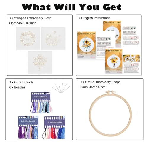 GLTAYLMY 3 Sets Embroidery Starter Kit with Pattern and Instructions, Cross Stitch Set, Stamped Embroidery Kits with 3 Embroidery Clothes with Pattern, 1 Embroidery Hoop(Sunflower) - color: Sunflower