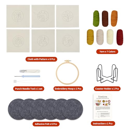 Temlum 6pcs Punch Needle Coasters Kit for Adults and Beginners(Plants) - color: Plants