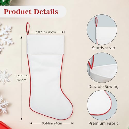 Blank White Christmas Stocking for Embroidery & DIY – Double Layer Linen Fabric with Red Trim, 17.7 Inch – Designed as a Customization Base for Creators & Small Businesses