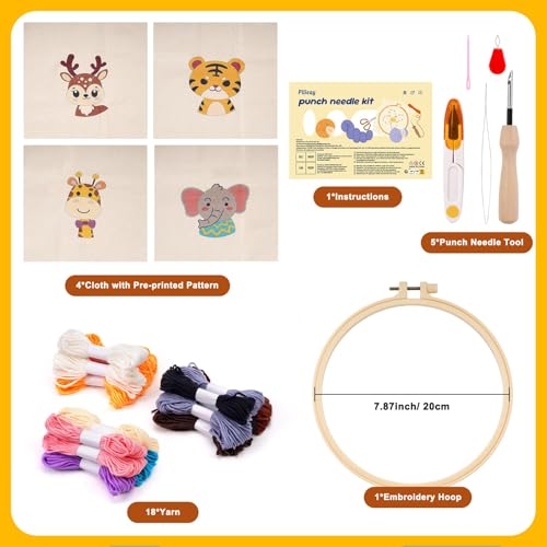 Pllieay 4 Sets Punch Needle Kits, Punch Needle Embroidery Kits for Beginner with Animal Pattern, Punch Needle Tool Including Pre-Printed Cloth, Punch Needle, Hoops and Yarns