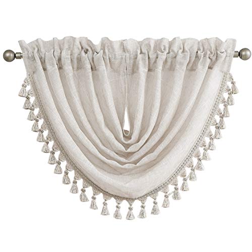 Linen Waterfall Valance with White GEO Embroidery Semi Sheer, 56"x38"x1 - color: Linen (Embroidered), size: 56"W x 38"L (Pack of 1)