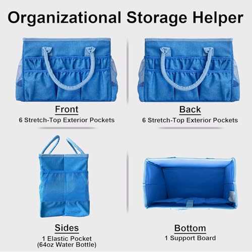 Cupohus Craft Organizer Tote Bag – Craft Caddy with 2 Mesh Side Pockets & Front Elastic Pockets, Foldable Large Capacity Supply Storage Bag for Sewing, Knitting, Painting, and Travel (Blue) - color: Blue
