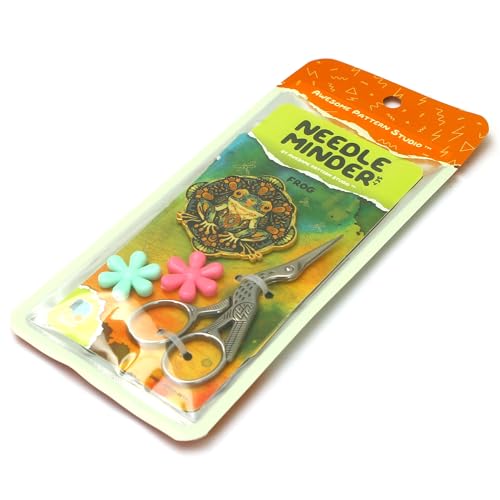 Awesome Pattern Studio Needle Minder Set – Frog Magnetic Needle Minder + 2 Needle Threaders + Crane Scissors. Enamel Pin for Cross Stitch, Embroidery and Craft - size: Frog Set #2