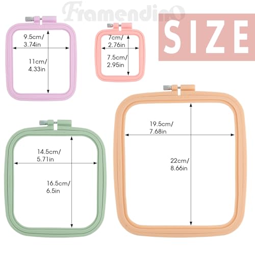 Framendino, 4 Pack Size Square Embroidery Hoops Plastic Cross Stitch Reusable Frames Rings for DIY Sewing Needlework Project
