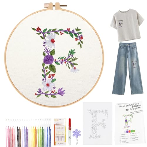 Topapfo Alphabet Letter F Stick and Stitch Embroidery Stabilizers Kit for Clothes, Name Embroidery Patterns for Beginners Adults Water Solute for Cothing T-Shirt Jeans Tote Bags Crafts - color: F