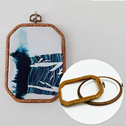 4 Sizes Imitated Wood Multiple Shapes Embroidery Hoop Set Plastic Circle Cross Stitch Hoop Rings for DIY Craft Sewing, Small Faux Wooden Embroidery Hoop Including 16pcs Gold Eye Sewing Needles - style: 4 Sizes Shape Imitated Wood