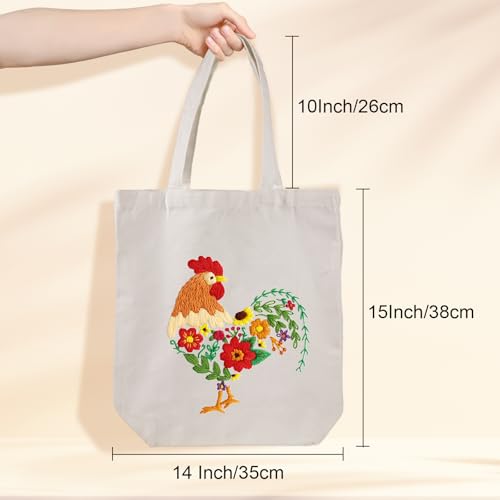 Louise Maelys Embroidery Kit Canvas Tote Bag for Beginners, Floral Rooster - color: rooster Flower
