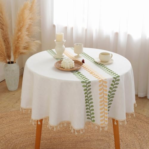 AMZALI Round Tablecloth Embroidery Leaf Pattern Wrinkle Free Heavy Weight Cotton Linen Farmhouse Tablecloth Decorative Fabric Tassel Table Cover for Outdoor and Indoor Use - color: Color Leaf, size: 60" (Round)