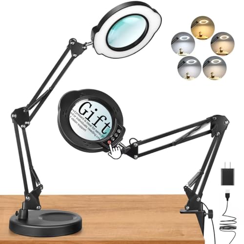 Upgrade 12X Magnifying Glass with Light, Real Glass Magnifying lamp, 5 Color Modes Stepless Dimmable, 84 LEDs, Magnifier with Light Hands Free for Close Work, Reading Craft Repair - color: Black