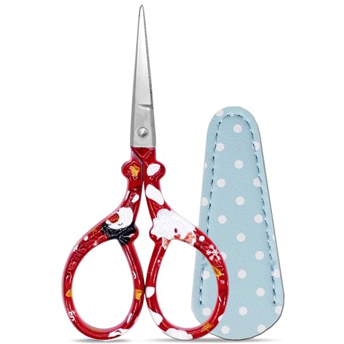 3.6 inch Sharp Embroidery Scissors Crochet with Leather Sheath for Knitting - color: Red Christmas