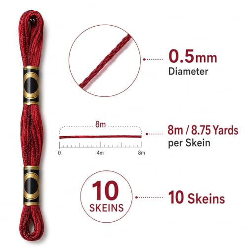 FASHEWELRY 10 Skeins Dark Red Embroidery Floss Friendship Bracelet String Threads 6-Ply 0.5mm Cross Stitch Embroidery Thread for Sewing Bracelet Making Stitching Crafts - color: Dark Red, size: 0.5mm
