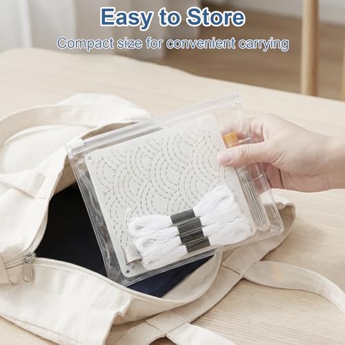 24 Pcs Sashiko Stencils, Plastic Sashiko Template Patterns with Thimble, 9 Needles, Thread, Needle Tube & Finger Cots, Geometric Embroidery Drawing Stencils for Hand Sewing, Washable