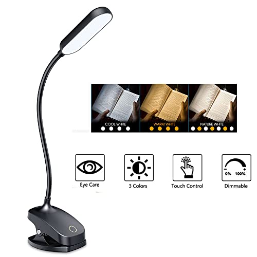 COLORLIFE Desk Lamp Clip On Light-7W 2600mAH Flexible Gooseneck Battery Operated Rechargeable Reading Lamp with Clamp & Stepless Brightness for Desk,Piano,Bed Headboard and Computers - color: Black
