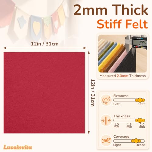 2mm Stiff Felt Sheets 12" X 12" (10 Pack, Red) - color: Red